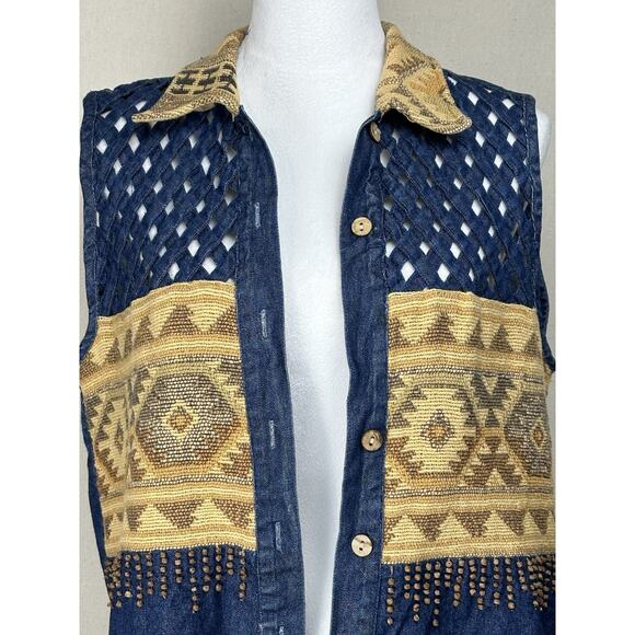 Vintage New Directions Denim Vest Sz M Fall Aztec Western Cowgirl Rodeo READ - Picture 2 of 12